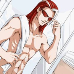 Rule 34 | 1boy, alba meira, dutch angle, lowres, male focus, nude, red hair, solo, sunglasses, the king of fighters, towel