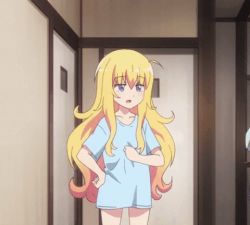 Rule 34 | 10s, 1girl, animated, animated gif, blonde hair, blue eyes, bottomless, censored, clothes lift, collarbone, convenient censoring, eyebrows, gabriel dropout, gabriel tenma white, indoors, lifted by self, long hair, lowres, no panties, screencap, shirt, shirt lift, short sleeves, smelling, solo, standing