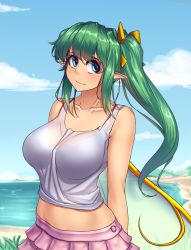 Rule 34 | 1girl, aged up, alternate breast size, alternate costume, beach, blue eyes, bra, breasts, collarbone, covered navel, daiyousei, day, green hair, hair ribbon, hater (hatater), highres, large breasts, long hair, looking to the side, midriff, outdoors, pink skirt, pointy ears, ponytail, ribbon, see-through, side ponytail, skirt, smile, solo, tank top, touhou, underwear, wings, yellow ribbon