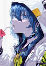 Rule 34 | 1girl, absurdres, blue eyes, blue hair, blue sailor collar, bow, bowtie, drinking straw, from side, hair between eyes, hands up, highres, holding, hololive, hood, hooded jacket, hoshimachi suisei, hoshimachi suisei (school uniform), jacket, juice box, long hair, long sleeves, open clothes, open jacket, parted lips, roitz ( roitz ), sailor collar, sideways glance, simple background, solo, virtual youtuber, white background, white jacket, yellow bow, yellow bowtie