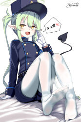 Rule 34 | 1girl, black hat, black jacket, black shorts, black tail, blue archive, blush, breasts, buttons, demon tail, double-breasted, earrings, fang, gloves, green hair, green halo, halo, hat, nozomi (blue archive), himura moritaka, jacket, jewelry, long hair, long sleeves, open mouth, pantyhose, peaked cap, pointy ears, shorts, signature, simple background, single earring, skin fang, small breasts, smile, soles, solo, speech bubble, tail, toes, twintails, white background, white gloves, white pantyhose, yellow eyes