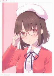 Rule 34 | 1girl, 6u (eternal land), absurdres, adjusting eyewear, beret, blush, bow, bowtie, brown eyes, brown hair, buttons, character name, closed mouth, frills, glasses, hand up, hat, highres, jacket, katou megumi, lips, long sleeves, open clothes, open jacket, red-framed eyewear, red jacket, saenai heroine no sodatekata, short hair, simple background, smile, solo