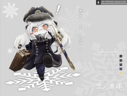 Rule 34 | !, 10s, 1girl, abyssal ship, alternate costume, blush stickers, brown eyes, coat, colored skin, hat, highres, holding, horns, kantai collection, long hair, looking at viewer, military, military hat, military uniform, msugi, naval uniform, northern ocean princess, pale skin, peaked cap, solo, steam, suitcase, sword, translation request, uniform, walking, weapon, white hair, white skin