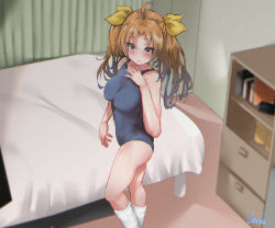 Rule 34 | 1girl, ahoge, artist name, bed, bedroom, blue one-piece swimsuit, breasts, brown hair, commentary request, curtains, feet out of frame, hair ribbon, indoors, kagerou (kancolle), kantai collection, long hair, mani oniniku, medium breasts, one-piece swimsuit, purple eyes, ribbon, school swimsuit, shelf, solo, standing, swimsuit, twintails, yellow ribbon