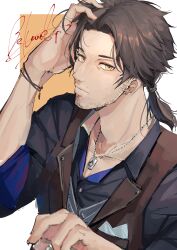 Rule 34 | 1boy, absurdres, belmond banderas, brown eyes, brown hair, chain necklace, facial hair, hand in own hair, highres, jewelry, long hair, looking at viewer, low ponytail, male focus, necklace, nijisanji, ogura tubuan, orange background, solo, two-tone background, upper body, virtual youtuber, white background
