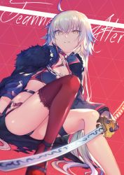 Rule 34 | 1girl, absurdres, ahoge, bikini, black footwear, black gloves, black panties, cape, collar, commentary request, en@rain, fate/grand order, fate (series), gloves, highres, jeanne d&#039;arc alter (swimsuit berserker) (fate), jeanne d&#039;arc (fate), jeanne d&#039;arc alter (fate), jeanne d&#039;arc alter (swimsuit berserker) (fate), katana, long hair, looking at viewer, o-ring, o-ring bikini, o-ring bottom, o-ring panties, o-ring swimsuit, panties, red background, red thighhighs, sandals, shrug (clothing), silver hair, sitting, smug, solo, swimsuit, sword, thighhighs, underwear, very long hair, weapon, yellow eyes