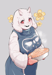 Rule 34 | 1girl, animal ears, blue dress, blush, breasts, commentary request, cowboy shot, dress, fangs, flower, food, furry, furry female, goat ears, goat girl, goat horns, grey background, highres, holding, holding food, horns, large breasts, looking at viewer, mittens, odoro (nicoseiga81184094), open mouth, pie, pink mittens, red eyes, shirt, simple background, skin-covered horns, skin fangs, sleeveless, sleeveless dress, smile, solo, steam, toriel, undertale, white shirt, yellow flower