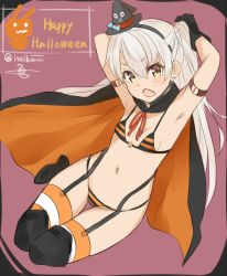 Rule 34 | 10s, 1girl, amatsukaze (kancolle), armpits, arms up, bikini, blush, brown eyes, cape, eyebrows, fang, flat chest, garter straps, gloves, halloween, hat, isshiki (ffmania7), kantai collection, long hair, looking at viewer, mini hat, mini witch hat, navel, open mouth, silver hair, solo, stomach, striped bikini, striped clothes, striped thighhighs, swimsuit, thighhighs, two side up, witch hat