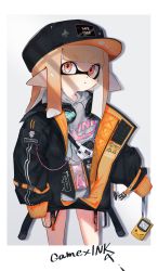 Rule 34 | 1girl, absurdres, bad id, bad twitter id, baseball cap, black coat, black hat, blunt bangs, blunt ends, closed mouth, clothes writing, coat, commentary, drawstring, english text, game boy, game boy (original), grey shirt, handheld game console, hat, headphones, heart, highres, hood, hoodie, inkling, inkling girl, inkling player character, long sleeves, looking at viewer, mask, medium hair, nintendo, orange eyes, orange hair, partially unzipped, pointy ears, print headwear, print shirt, shadow, shirt, sleeves past fingers, sleeves past wrists, solo, standing, tentacle hair, unitoon