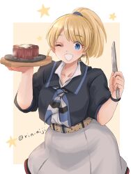 Rule 34 | 1girl, black shirt, blonde hair, blue eyes, blush, breasts, collared shirt, food, grey skirt, holding, holding knife, intrepid (kancolle), kantai collection, knife, large breasts, looking at viewer, medium breasts, neckerchief, one eye closed, open mouth, ponytail, rin (rin niji), shirt, short sleeves, simple background, skirt, solo, star (symbol), steak, twitter username, two-tone background