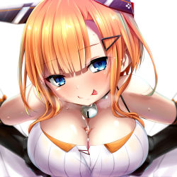 Rule 34 | 1boy, 1girl, :p, azur lane, bare shoulders, bell, black gloves, blue eyes, blunt bangs, blush, breasts, breasts squeezed together, cleavage, collar, collarbone, cum, dress, elbow gloves, foxhound (azur lane), foxhound (retrofit) (azur lane), gloves, hair ornament, hairclip, head tilt, headgear, heavy breathing, hetero, large breasts, looking at viewer, neck bell, orange hair, paizuri, paizuri under clothes, penis, precum, remodel (azur lane), short hair with long locks, sidelocks, simple background, smile, solo focus, sweat, sweatdrop, tongue, tongue out, upper body, watarui, white background