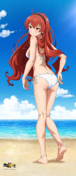 Rule 34 | 1girl, absurdres, adjusting clothes, adjusting swimsuit, ahoge, ass, bare arms, bare legs, barefoot, beach, bikini, black hairband, blue sky, blush, breasts, closed mouth, cloud, copyright name, day, eris greyrat, floating hair, from behind, hair between eyes, hairband, highres, long hair, medium breasts, mushoku tensei, ocean, official art, outdoors, red eyes, red hair, ribbon, side-tie bikini bottom, sideboob, sky, soles, solo, standing, summer, swimsuit, very long hair, white bikini, white ribbon
