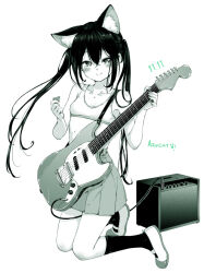 Rule 34 | animal ears, blush, cat ears, character name, collarbone, dated, greyscale, guitar, hamao, instrument, k-on!, long hair, looking at viewer, monochrome, nakano azusa, plectrum, shoes, simple background, skirt, smile, socks, speaker, sports bra, twintails, white background