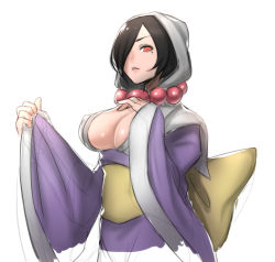 Rule 34 | 1girl, bead necklace, beads, black hair, breasts, cleavage, covered erect nipples, hair over one eye, hands up, highres, hood, hood up, japanese clothes, jewelry, kimono, large breasts, long sleeves, mole, mole under eye, necklace, obi, ookami (game), parted lips, prayer beads, puchiman, rao, red eyes, sash, short hair, simple background, solo, tsuzurao, white background, wide sleeves
