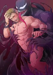 Rule 34 | 2boys, abs, artist name, bara, blonde hair, blush, completely nude, covering privates, covering crotch, eddie brock, evinist, facial hair, highres, interspecies, large pectorals, long tongue, male focus, marvel, monster boy, multiple boys, muscular, muscular male, navel, nipples, nude, open mouth, pectorals, short hair, symbiote, tongue, tongue out, venom (2018), venom (marvel), yaoi