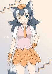 Rule 34 | 10s, 1girl, absurdres, animal ears, bad id, bad pixiv id, blue eyes, commentary, cosplay, extra ears, giant pangolin (kemono friends), giant pangolin (kemono friends) (cosplay), grey hair, grey wolf (kemono friends), hand on own hip, heterochromia, highres, kemono friends, long hair, looking at viewer, multicolored hair, necktie, orange necktie, scales, shiraha maru, shirt, short sleeves, simple background, smile, solo, tail, two-tone hair, vest, white hair, white shirt, wolf ears, wolf tail, wrist cuffs, yellow eyes