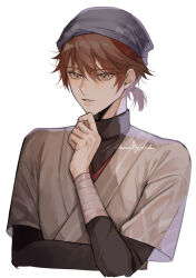 Rule 34 | 1boy, artist name, bandaged arm, bandages, black sweater, brown eyes, brown hair, closed mouth, eucalypink, genshin impact, grey headwear, grey scarf, grey shirt, hair between eyes, hand on own face, hand up, head scarf, highres, lips, long sleeves, looking to the side, male focus, multicolored hair, niwa (genshin impact), ponytail, red hair, scarf, shirt, short hair, short ponytail, short sleeves, solo, sweater, t-shirt, teeth, two-tone hair, upper body