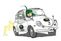 Rule 34 | 1girl, ahoge, blue eyes, car, game console, green hair, license plate, me-tan, motor vehicle, name connection, os-tan, pun, simple background, solo, subaru (brand), subaru 360, vehicle, vehicle focus, white background, xbox, xbox 360