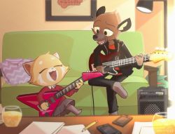 Rule 34 | aggressive retsuko, alcohol, bass guitar, beer, cellphone, couch, crossed legs, closed eyes, furry, glass, guitar, haida (aggretsuko), highres, hyena, instrument, interior, jacket, leather, leather jacket, miyakoriee, paper, pencil, phone, pillow, red panda, retsuko, smile, speakers, table