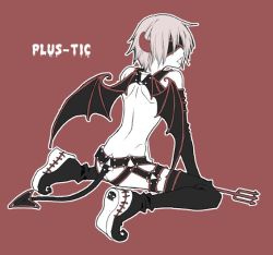 Rule 34 | 1boy, back, blindfold, boots, bottomless, gloves, horns, kau, male focus, monochrome, polearm, simple background, skull, solo, spear, strap, tail, togainu no chi, topless male, trident, weapon, wings