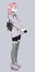 Rule 34 | 1girl, :p, absurdres, backpack, bag, black bow, blush, bodysuit, bodysuit under clothes, bow, choker, clothes lift, crotch zipper, dress, dress lift, frills, grey eyes, grey thighhighs, high heels, highres, latex, latex bodysuit, lifted by self, long sleeves, multicolored hair, original, pale skin, pink hair, platform footwear, platform heels, roots (hair), scrunchie, shoes, solo, standing, thighhighs, tongue, tongue out, twintails, two-tone hair, yd (orange maru), zipper