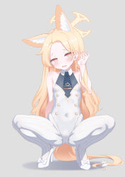 Rule 34 | 1girl, animal ear fluff, animal ears, ascot, bare arms, bare shoulders, blonde hair, blue archive, blue ascot, blush, bow, breasts, cameltoe, collared leotard, commentary request, covered navel, extra ears, footwear bow, forehead, fox ears, fox girl, full body, grey background, hair bow, halo, high heels, highleg, highleg leotard, highres, kido airaku, leotard, long hair, pantyhose, parted bangs, parted lips, pinstripe pattern, red eyes, seia (blue archive), simple background, small breasts, solo, spread legs, squatting, striped clothes, striped pantyhose, vertical-striped clothes, vertical-striped pantyhose, very long hair, wavy mouth, white bow, white footwear, white pantyhose, yellow halo