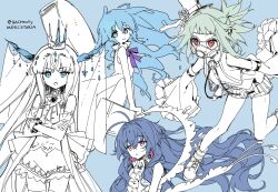 Rule 34 | 4girls, ahoge, artist name, bacheally, bare shoulders, bent over, blue background, blue eyes, blue hair, bow, bowtie, brown eyes, closed mouth, collared shirt, cowboy shot, crossed arms, crown, detached sleeves, dress, facing ahead, frills, gloves, goggles, green hair, greyscale, hat, high collar, highres, jewelry, leg up, long hair, long sleeves, looking at viewer, mask, merc storia, mini hat, mini top hat, monochrome, multiple girls, navel, open mouth, purple bow, red eyes, shirt, short hair, shorts, signature, simple background, sketch, sleeveless, sleeves past fingers, sleeves past wrists, smile, socks, spot color, top hat, twitter username, very long hair