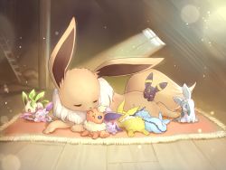 Rule 34 | aged down, biting, carpet, closed eyes, creatures (company), ear biting, eevee, espeon, evolutionary line, flareon, floor, fuchsia, game freak, gen 1 pokemon, gen 2 pokemon, gen 4 pokemon, gen 6 pokemon, glaceon, indoors, jolteon, leafeon, licking, nintendo, no humans, pokemon, pokemon (creature), rug, sunlight, sylveon, tongue, tongue out, umbreon, vaporeon, wince, wooden floor