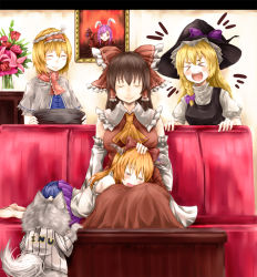 Rule 34 | &gt; &lt;, 4girls, = =, alice margatroid, animal ears, animalization, black headwear, black vest, blonde hair, blouse, blue dress, blush, bouquet, bow, braid, breasts, brown hair, brown horns, capelet, closed eyes, closed mouth, commentary request, cookie (touhou), couch, detached sleeves, dog, dress, flower, frilled bow, frilled hair tubes, frilled necktie, frilled shirt collar, frills, full body, haiperion buzan, hair between eyes, hair bow, hair tubes, hairband, hat, hat bow, headpat, highres, hinase (cookie), hisui (cookie), horns, ibuki suika, inu (cookie), inubashiri momiji, kanna (cookie), kirisame marisa, lap pillow, large breasts, long hair, meat hisui (cookie), multiple girls, necktie, open mouth, orange hair, painting (object), pink flower, puffy short sleeves, puffy sleeves, purple bow, purple hair, purple skirt, rabbit ears, red bow, red eyes, red hairband, red necktie, red shirt, reisen udongein inaba, rose, shirt, short hair, short sleeves, side braid, sidelocks, single braid, sitting, skirt, sleeveless, sleeveless shirt, smile, touhou, upper body, uzuki (cookie), vase, vest, white capelet, white shirt, white sleeves, witch hat, yamin (cookie)
