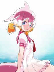Rule 34 | 1girl, blowhole, blue eyes, blush, cetacean tail, chinese white dolphin (kemono friends), choker, dolphin girl, dorsal fin, dress, fins, fish tail, frilled skirt, frills, hair tie, highres, ieinu account, kemono friends, looking at viewer, multicolored hair, necktie, orange hair, pink hair, red choker, red necktie, sailor collar, sailor dress, short hair, short sleeves, short twintails, sitting, skirt, solo, tail, twintails, white dress, white hair