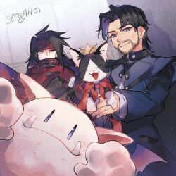 Rule 34 | 2boys, 2others, black hair, blue jacket, blue suit, brown eyes, cait sith (ff7), cat, cloak, closed eyes, crown, dirge of cerberus final fantasy vii, facial hair, fangs, fangs out, final fantasy, final fantasy vii, formal, gloves, goatee, hanaon, headband, highres, jacket, long hair, long sleeves, looking at viewer, male focus, medium hair, mini crown, moogle, multiple boys, multiple others, open mouth, parted bangs, red cloak, red eyes, red headband, reeve tuesti, shirt, smile, suit, twitter username, two-tone fur, upper body, vincent valentine, white gloves, white shirt