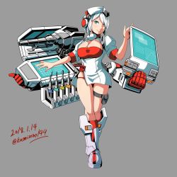 Rule 34 | 1girl, artist name, autobot, blue eyes, breasts, cleavage cutout, clothing cutout, dated, extra arms, genderswap, genderswap (mtf), grey background, hat, insignia, kamizono (spookyhouse), large breasts, mecha musume, no pants, nurse cap, panties, personification, ratchet (transformers), red panties, short hair, solo, transformers, underwear, white hair