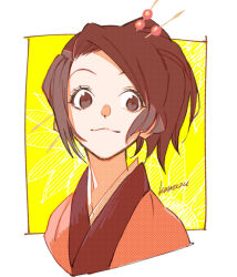 Rule 34 | 1girl, artist name, brown eyes, brown hair, closed mouth, commentary request, cropped shoulders, fuu (samurai champloo), hair ornament, hairpin, halftone texture, highres, japanese clothes, kawazu (kwzuuun), kimono, looking to the side, pink kimono, portrait, samurai champloo, smile, solo, two-tone background, white background, yellow background