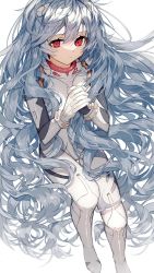 1girl, absurdly long hair, ayanami rei, bodysuit, closed mouth, deep (deep4946), evangelion: 3.0+1.0 thrice upon a time, expressionless, facing viewer, full body, gloves, hair between eyes, hairpods, hands clasped, hands together, hands up, highres, knees together feet apart, light blue hair, long hair, looking to the side, neon genesis evangelion, own hands together, pilot suit, plugsuit, rebuild of evangelion, red eyes, shiny, shiny hair, simple background, solo, thigh gap, very long hair, vignetting, wavy hair, white background, white bodysuit, white gloves