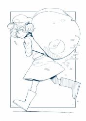 Rule 34 | 1girl, backpack, bag, boots, commentary request, daitai konna kanji, from side, full body, greyscale, hair bobbles, hair ornament, hat, kawashiro nitori, long sleeves, looking at viewer, monochrome, shirt, short hair, simple background, skirt, solo, touhou, two side up, walking, white background