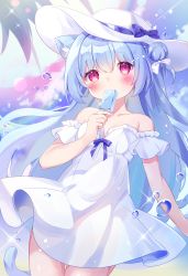 Rule 34 | 1girl, absurdres, animal ear fluff, animal ears, bare shoulders, blue hair, blue ribbon, blue sky, blush, bow, breasts, cat ears, cat tail, cleavage, cloud, commentary request, dress, food, food in mouth, fujii shino, gradient sky, hair bow, hair bun, hat, hat ribbon, highres, holding, holding food, light blue hair, long hair, original, outdoors, palm tree, pink sky, popsicle, red eyes, ribbon, single side bun, sky, sleeveless, sleeveless dress, small breasts, solo, sun hat, tail, tree, white bow, white dress, white hat