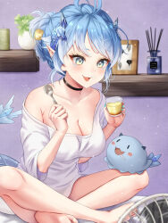 Rule 34 | 1girl, absurdres, ahoge, aqua eyes, aqua nails, blue hair, blue horns, breasts, choker, cleavage, collarbone, commission, electric fan, fangs, hair bun, highres, holding, horns, indian style, indie virtual youtuber, indoors, light blue hair, mary is mine, medium breasts, naked shirt, nightgown, open mouth, oversized clothes, paroniie (vtuber), pointy ears, scales, shirt, single bare shoulder, sitting, skeb commission, smile, swept bangs, tail, virtual youtuber, white nightgown