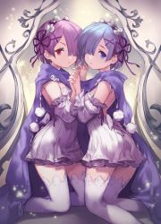 Rule 34 | 10s, 2girls, alternate costume, blue eyes, blue hair, detached sleeves, hair over one eye, hands up, highres, holding hands, kneeling, lee hyeseung, light particles, looking at viewer, looking to the side, maid headdress, multiple girls, purple hair, ram (re:zero), re:zero kara hajimeru isekai seikatsu, red eyes, rem (re:zero), scarf, shared clothes, shared scarf, siblings, sisters, smile, thighhighs, twins, white legwear