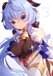 Rule 34 | 1girl, absurdres, bare shoulders, bell, blue hair, blush, bodysuit, grabbing another&#039;s breast, breasts, cowbell, detached sleeves, covered erect nipples, ganyu (genshin impact), genshin impact, gloves, goat horns, grabbing, grabbing own breast, highres, horns, huge filesize, lactation, lactation through clothes, large breasts, long sleeves, medium breasts, milk, nahaki, purple eyes, solo, upper body