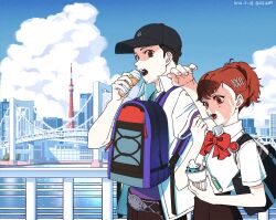 Rule 34 | 1boy, 1girl, backpack, bag, baseball cap, belt, black hair, black skirt, blue sky, bow, bowtie, brown hair, building, cityscape, cloud, cloudy sky, collared shirt, commentary request, dated, earphones, facial hair, food, hair ornament, hairclip, hand up, hat, headphones, headphones around neck, high ponytail, highres, holding, holding food, ice cream, iori junpei, korean commentary, lcs 0209, open clothes, open mouth, open shirt, outdoors, persona, persona 3, persona 3 portable, red bow, red bowtie, red eyes, shiomi kotone, shirt, short hair, short sleeves, shoulder bag, skirt, sky, tokyo tower, twitter username, upper body, white shirt