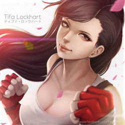 Rule 34 | 1990s (style), 1girl, artist name, asymmetrical bangs, black hair, breasts, brown eyes, character name, cherry blossoms, cleavage, clenched hand, clenched hands, closed mouth, collarbone, earrings, facebook username, fighting stance, final fantasy, final fantasy vii, fingerless gloves, gloves, jewelry, large breasts, lens flare, lips, long hair, looking at viewer, magion02, nose, petals, red gloves, retro artstyle, signature, simple background, solo, tifa lockhart, upper body, watermark, web address