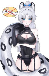 Rule 34 | 1girl, absurdres, animal ear fluff, animal ears, bare shoulders, black gloves, black leotard, blue bow, blue eyes, blush, bow, breasts, cleavage, cleavage cutout, clothing cutout, dalgam12, disembodied limb, elbow gloves, gloves, gluteal fold, grey hair, hair bow, highres, large breasts, leopard ears, leopard girl, leopard tail, leotard, long hair, looking at viewer, mole on groin, original, parted bangs, parted lips, ponytail, simple background, single glove, solo, sweat, tail, very long hair, white background