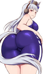 Rule 34 | 1girl, absurdres, animal ears, ass, ass focus, blue shorts, blunt bangs, box wonderland, commentary, cowboy shot, english commentary, from behind, gold ship (umamusume), grey hair, groin, half-closed eyes, highres, horse ears, horse girl, horse tail, long hair, looking at viewer, looking back, pillbox hat, purple eyes, shorts, simple background, skin tight, solo, tail, umamusume, white background
