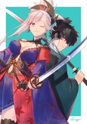 Rule 34 | 1boy, 1girl, asymmetrical hair, black hair, black thighhighs, blue eyes, blue kimono, breasts, cleavage, earrings, fate/grand order, fate/samurai remnant, fate (series), floral print, hair ornament, holding, holding sword, holding weapon, japanese clothes, jewelry, katana, kibou, kimono, large breasts, leaf print, magatama, magatama necklace, maple leaf print, miyamoto iori (fate), miyamoto musashi (fate), necklace, one eye closed, over shoulder, pink hair, sash, sheath, simple background, single sidelock, square background, swept bangs, sword, thighhighs, topknot, weapon, weapon over shoulder
