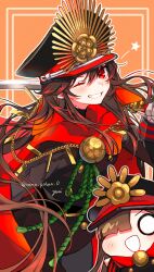 Rule 34 | 1girl, artist name, black hair, cape, chain, collared cape, crest, family crest, fate/grand order, fate (series), grin, hat, highres, holding, holding sword, holding weapon, katana, long hair, medallion, military hat, oda nobunaga (fate), oda nobunaga (koha-ace), oda uri, one eye closed, over shoulder, peaked cap, popped collar, red cape, red eyes, smile, star (symbol), sword, twitter username, weapon, weapon over shoulder, yui (tamagohan)