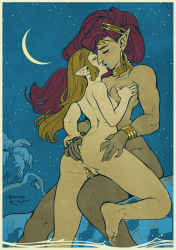 Rule 34 | 2girls, ass grab, blonde hair, blue lips, bracelet, braid, grabbing another&#039;s breast, breasts, crescent moon, dark-skinned female, dark skin, earrings, closed eyes, feet out of frame, gerudo, grabbing, height difference, highres, jewelry, kiss, leaf, lipstick, long hair, makeup, moon, multiple girls, muscular, muscular female, nintendo, outdoors, pointy ears, princess zelda, profile, pussy, red hair, signature, sitting, size difference, sky, star (sky), starry sky, the legend of zelda, the legend of zelda: breath of the wild, tree, urbosa, water, winton kidd, yuri