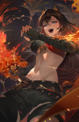 Rule 34 | 1girl, absurdres, belt, black belt, black hair, black shorts, blue eyes, breasts, commentary, dehya (genshin impact), elbow gloves, fingerless gloves, fire, genshin impact, gloves, hair between eyes, hair ears, highres, kawa683, large breasts, looking at viewer, midriff, navel, open mouth, red nails, short shorts, shorts, solo, stomach, teeth, underboob, upper body