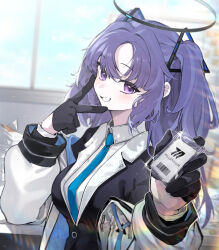 Rule 34 | 1girl, absurdres, black gloves, blazer, blue archive, blue hair, blue necktie, blurry, blurry background, clenched teeth, gloves, half gloves, halo, highres, jacket, long hair, looking at viewer, movik, necktie, purple eyes, shirt, smile, solo, teeth, two side up, white jacket, white shirt, window, yuuka (blue archive)