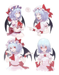 Rule 34 | 1girl, :d, ;(, ^ ^, albino, ascot, bat wings, blue hair, blush, bow, brooch, closed eyes, crossed arms, dress, expressions, fangs, fkey, frown, hat, hat bow, unworn hat, unworn headwear, highres, holding, holding clothes, holding hat, jewelry, looking at viewer, mob cap, multiple views, nail polish, nose blush, open mouth, pale skin, parted lips, pointing, puffy short sleeves, puffy sleeves, red bow, red eyes, red nails, remilia scarlet, sash, shirt, short hair, short sleeves, sketch, smile, squiggle, touhou, upper body, white shirt, wings, wrist cuffs