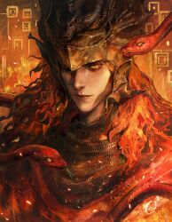 Rule 34 | 1boy, armor, artist name, burning, chainmail, dragon, dragon ornament, elden ring, elden ring: shadow of the erdtree, embers, fire, forked tongue, helmet, highres, long hair, looking at viewer, male focus, messmer the impaler, one eye closed, oreki genya, ornate, ornate armor, red eyes, red hair, red robe, red snake, robe, slit pupils, snake, snake on shoulder, solo, tongue, winged helmet, yellow eyes